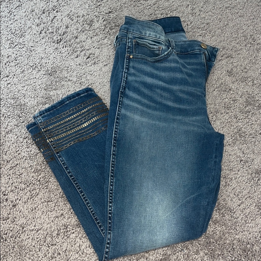 White House Black Market Gold Embellished Slim Crop Jeans